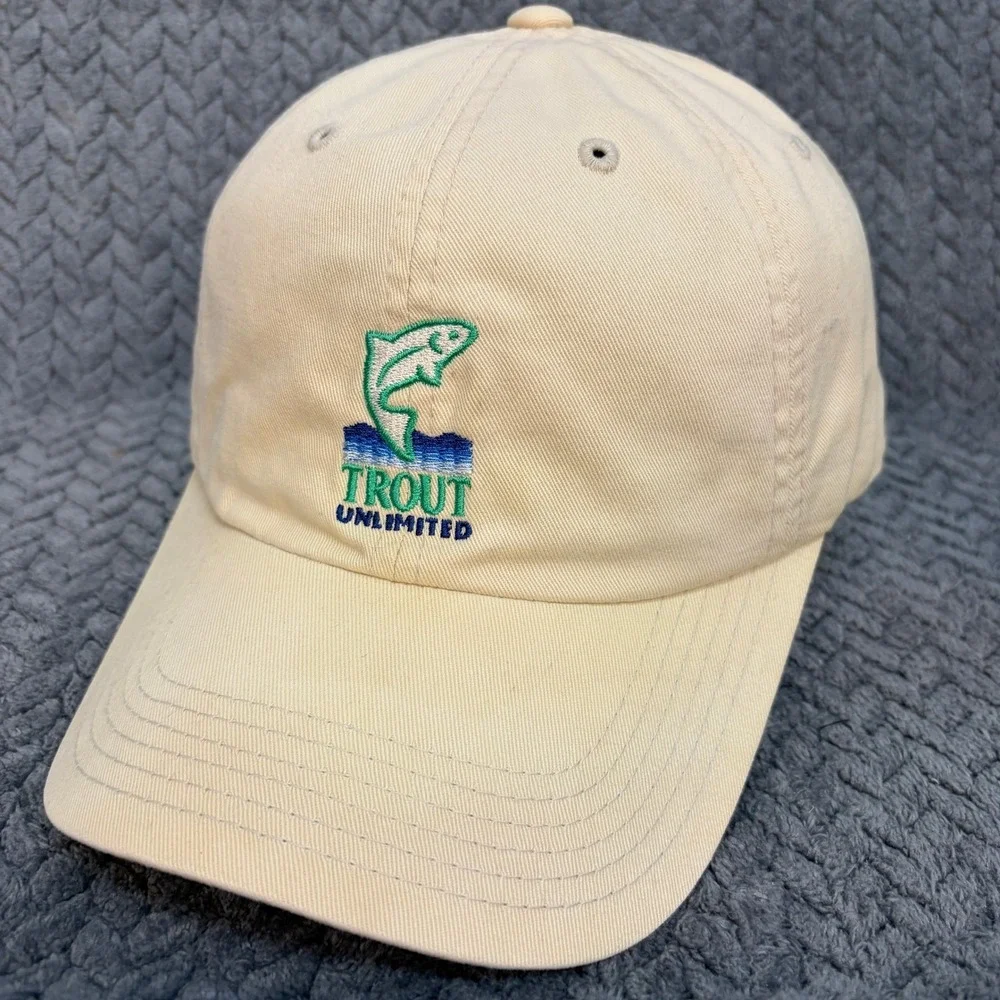 Trout Unlimited Fishing Hat Cream Tan Cotton Adjustable Strapback Cap 0745